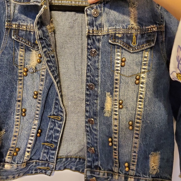 Puppy Mafia sequin jean jacket ripped up w/ studs - Picture 3 of 7